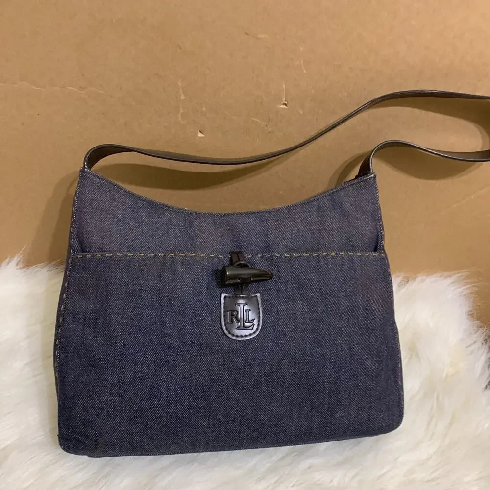 RALPH LAUREN Blue Denim Y2K Vintage Shoulder Bag Slim Hobo Contrast Stitching